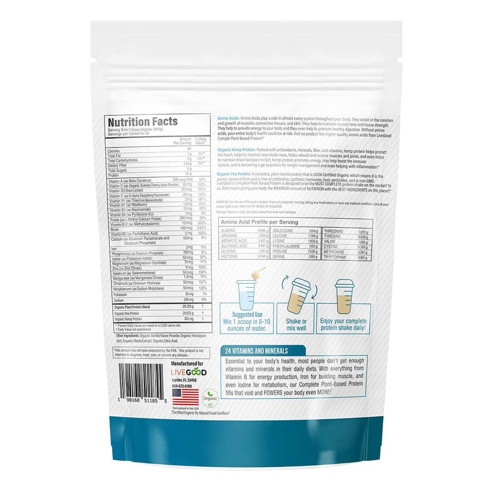 Plant based protein powder nutrition facts label showing vitamins minerals amino acids and serving details