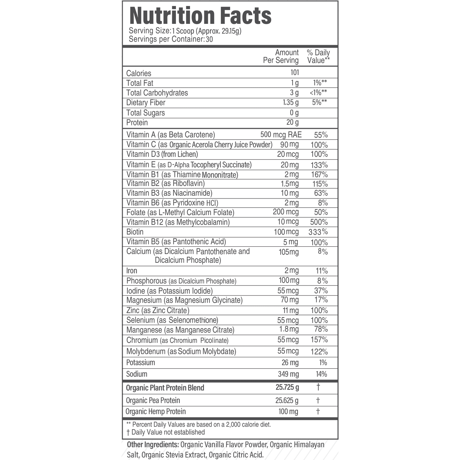 plant based protein powder nutrition facts label showing 20g protein vitamins minerals pea and hemp protein blend