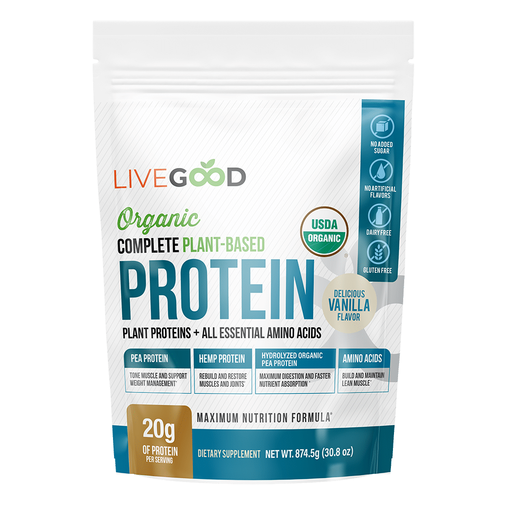 Plant-based protein powder for weight loss by LiveGood, organic pea and hemp protein vanilla flavour with 20g protein per serving