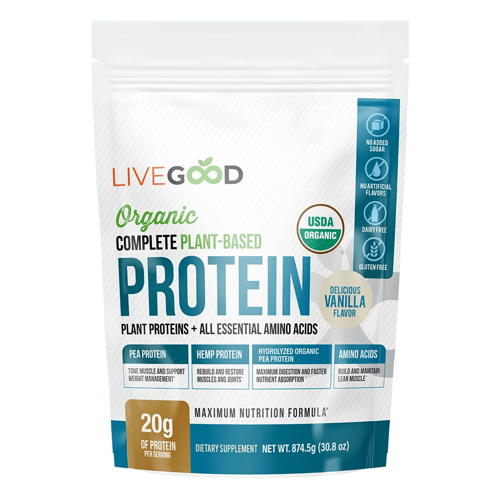 plant based protein powder weight loss LiveGood Plant-based protein powder for weight loss by LiveGood, organic pea and hemp protein vanilla flavour with 20g protein per serving