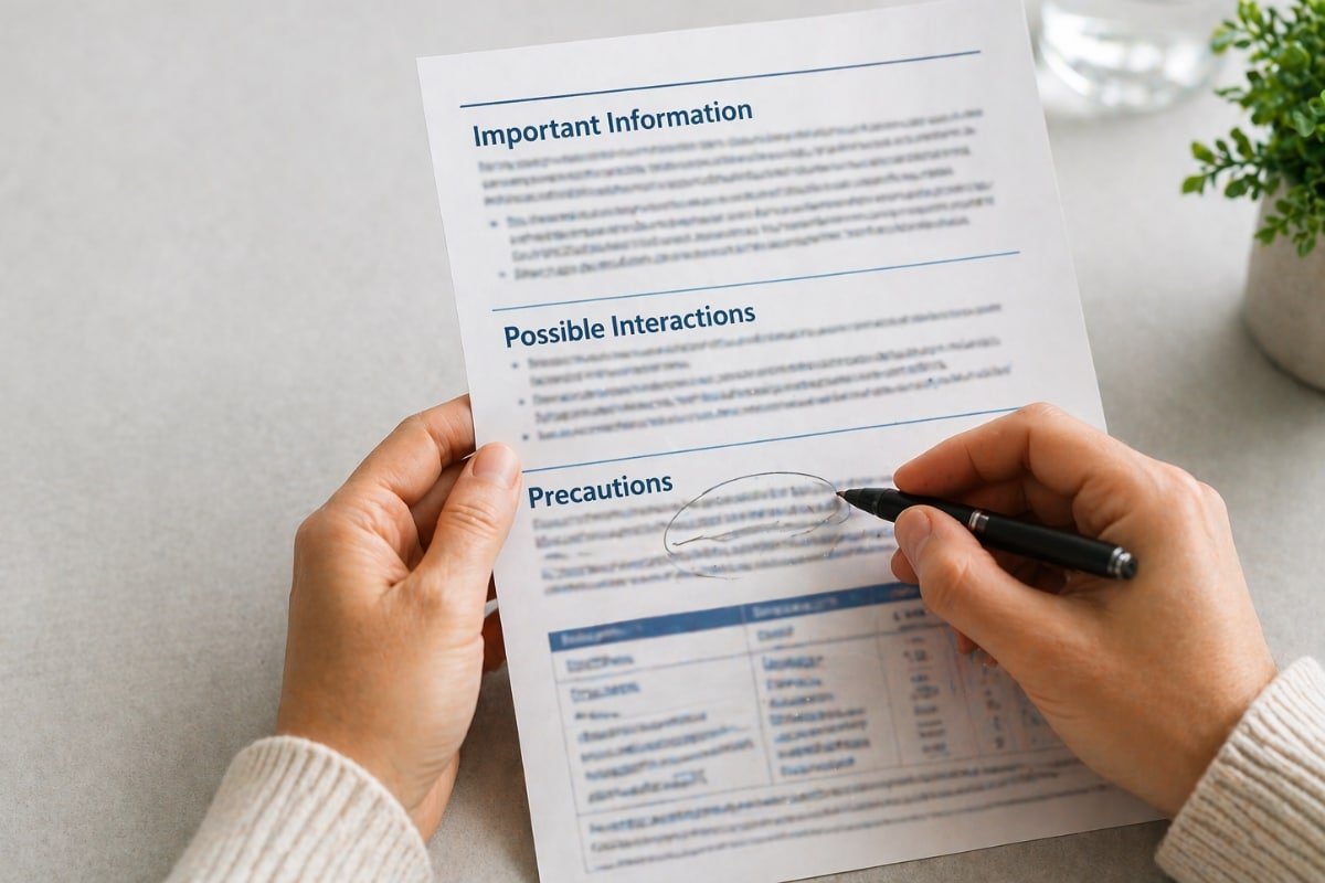 supplement leaflet with important information possible interactions and precautions being highlighted by hand