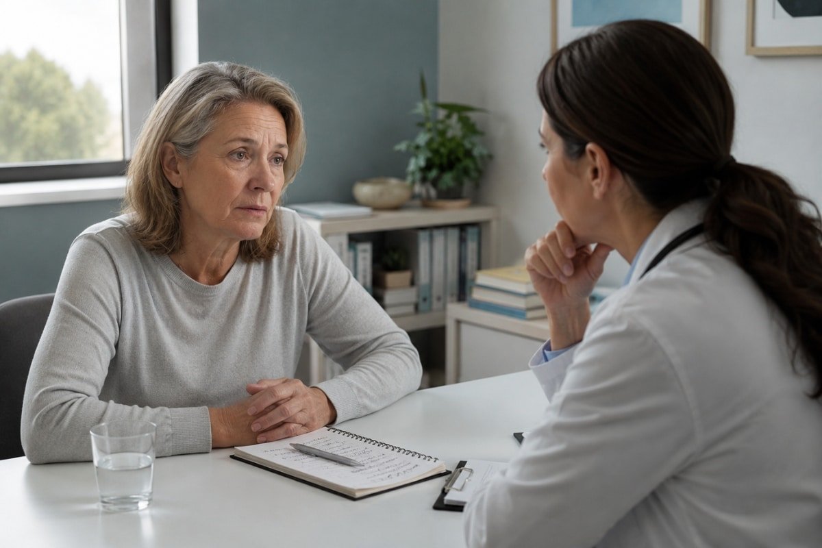 doctor discussing lack of sleep and cancer concerns with older woman