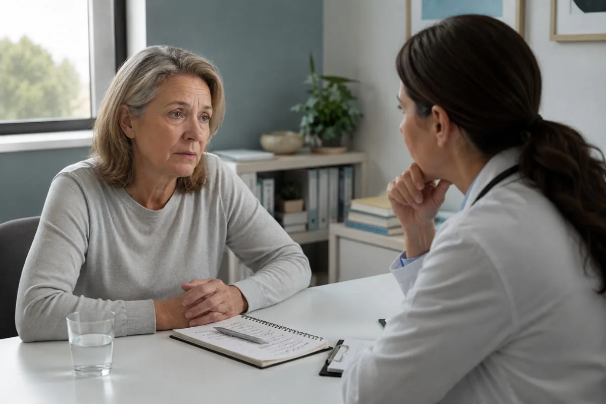 doctor discussing lack of sleep and cancer concerns with older woman