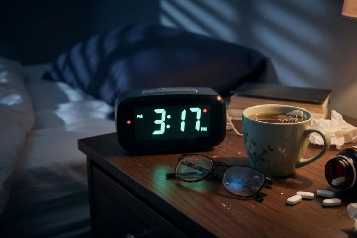Does magnesium glycinate help with anxiety and sleep? Nightstand with 3:17 AM clock, tea, and magnesium supplement during a restless night