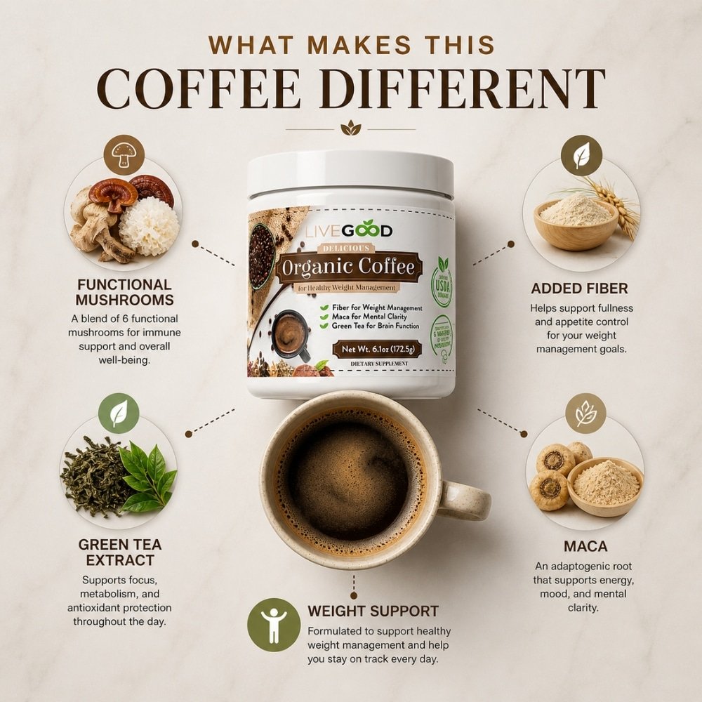 organic mushroom coffee infographic showing functional mushrooms, fiber, green tea extract, maca and weight support benefits