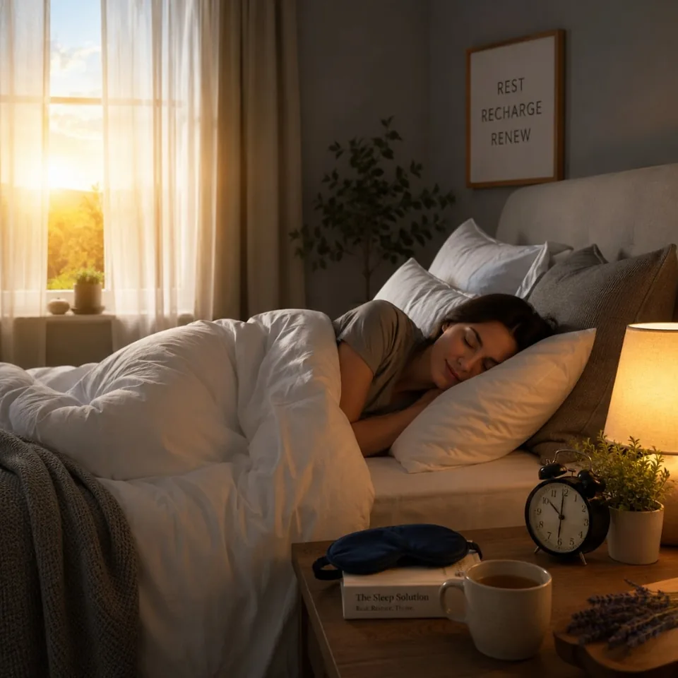 peaceful sleep bedroom evening routine woman sleeping peacefully in a cozy bedroom with warm evening light and calming bedtime routine items