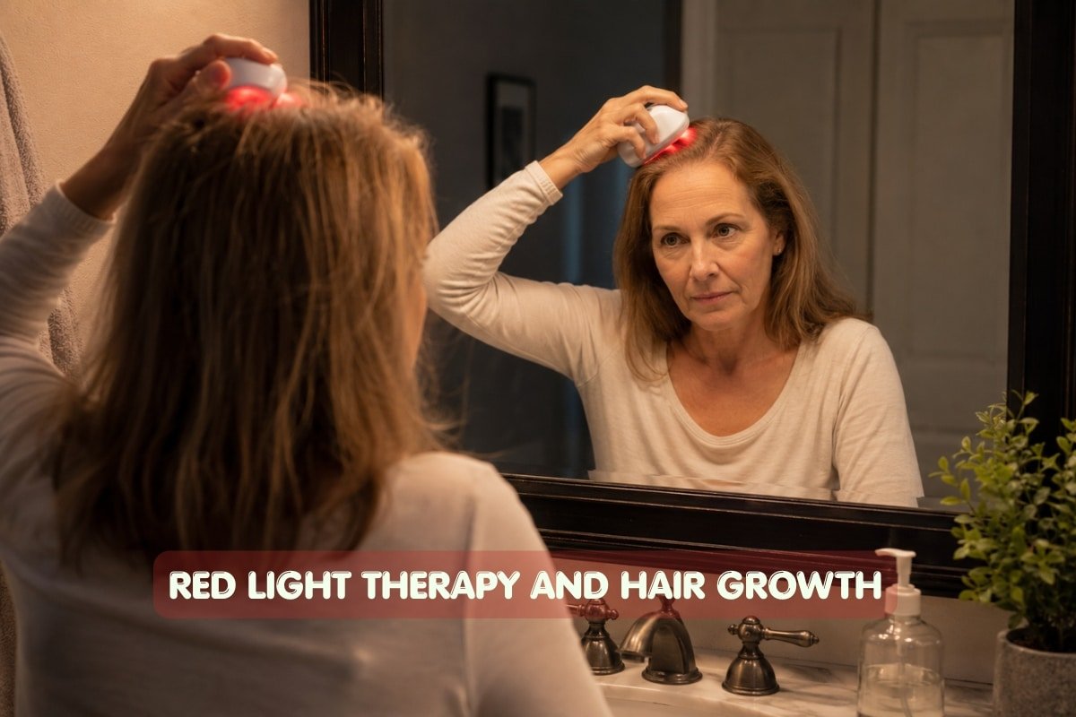 Woman using red light therapy and hair growth device for thinning hair at home
