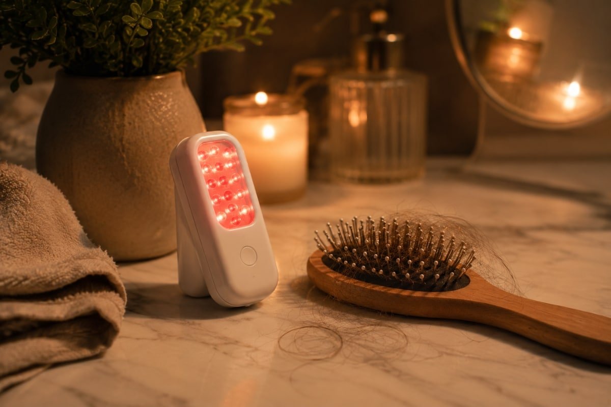 Red light therapy and hair growth device beside hairbrush with shedding hair