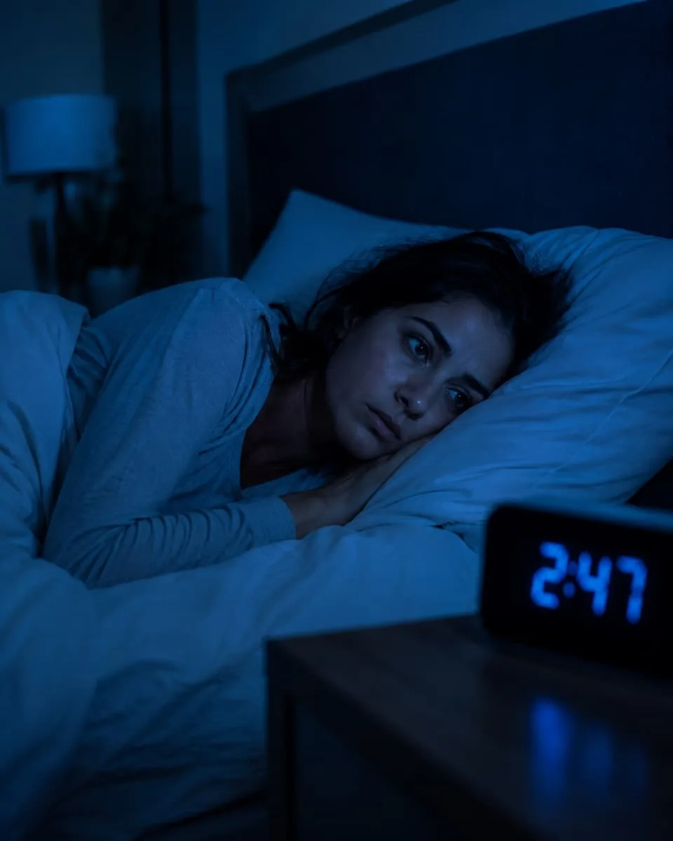 woman awake in bed insomnia night time sleep problems exhausted-person-awake-in-bed-at-night-with-insomnia