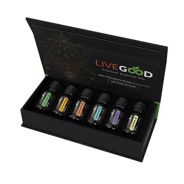 best-essential-oils-brand-livegood LiveGood Essential Oils premium essential oils collection with tea tree, peppermint, lavender, lemon, and frankincense oils